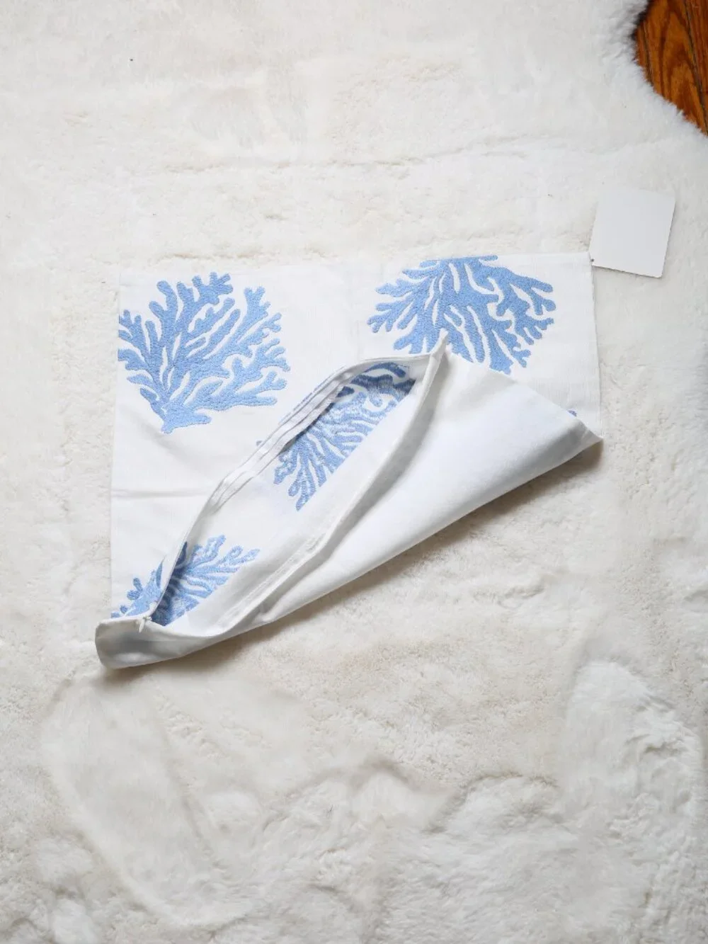 Blue Coral Embroidered Pillow Cover